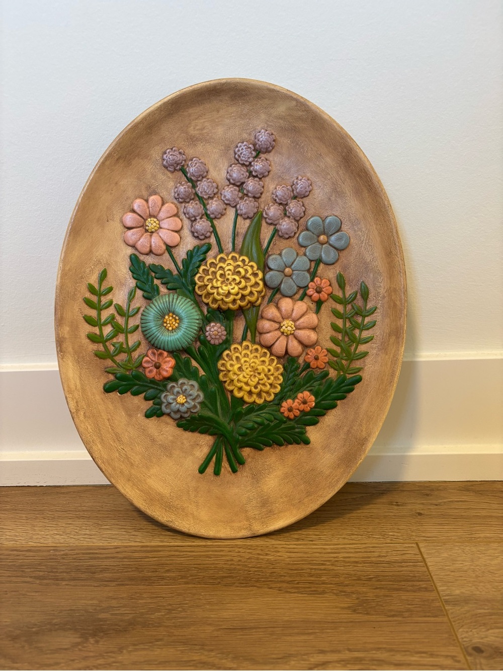 Vintage Mid-Century Modern Floral Relief Wall Plaque Ceramic Art
